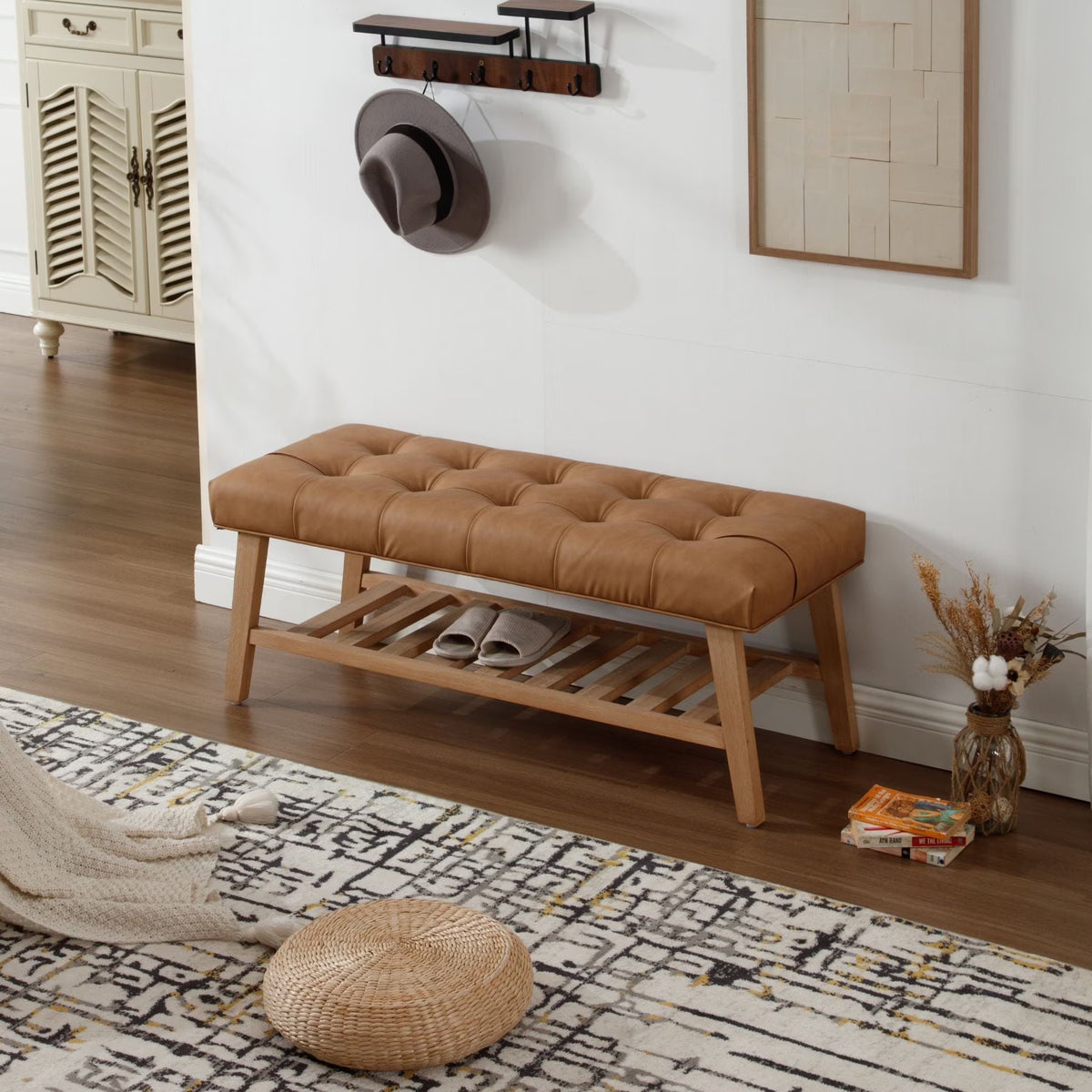 Dayalane Upholstered Storage Bench with Shoe Rack, Linen Fabric Entryway Bench for Living Room, Bedroom and Hallway, Multi Functional Ottoman with Solid Wood Shelf, Beige