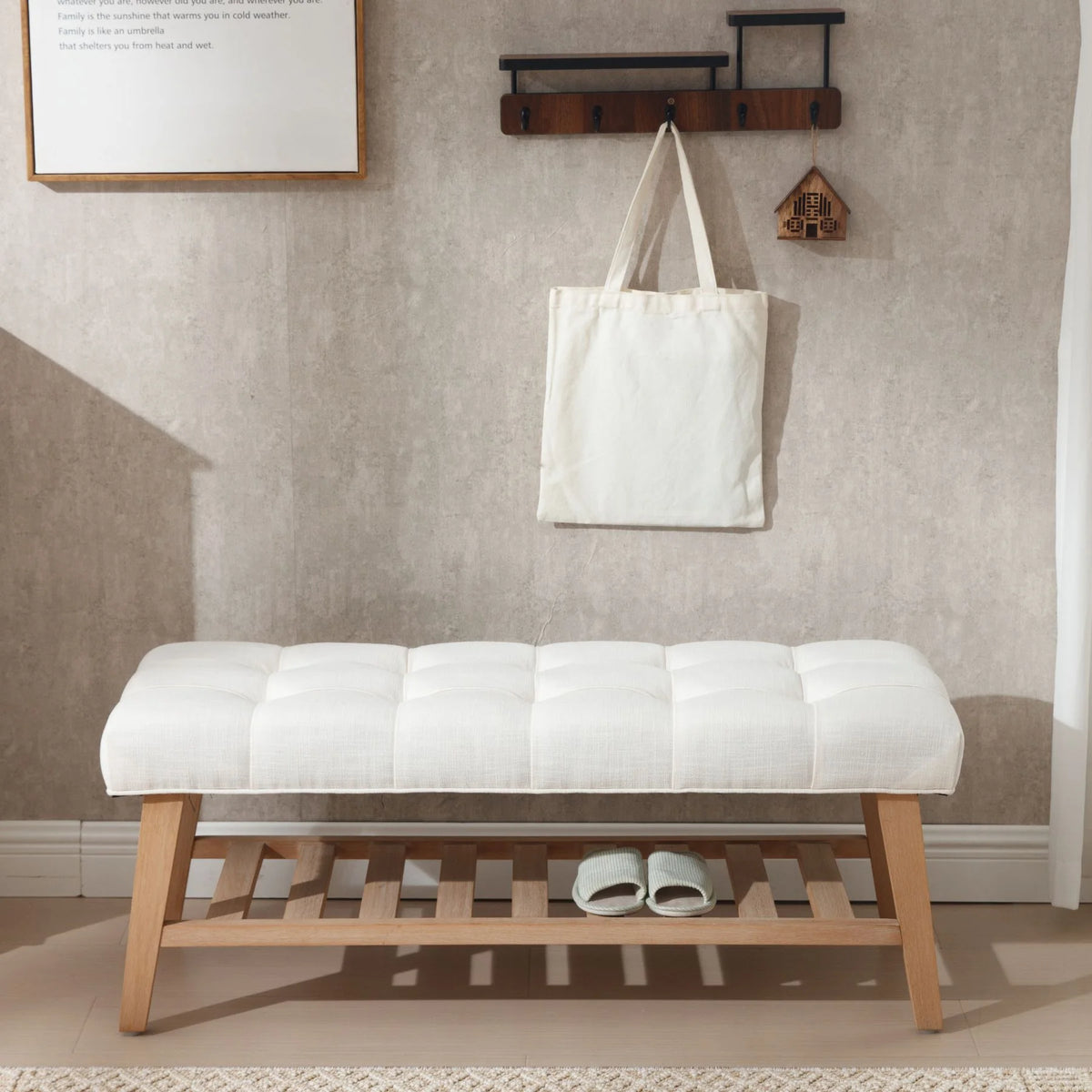 Dayalane Upholstered Storage Bench with Shoe Rack, Linen Fabric Entryway Bench for Living Room, Bedroom and Hallway, Multi Functional Ottoman with Solid Wood Shelf, Beige