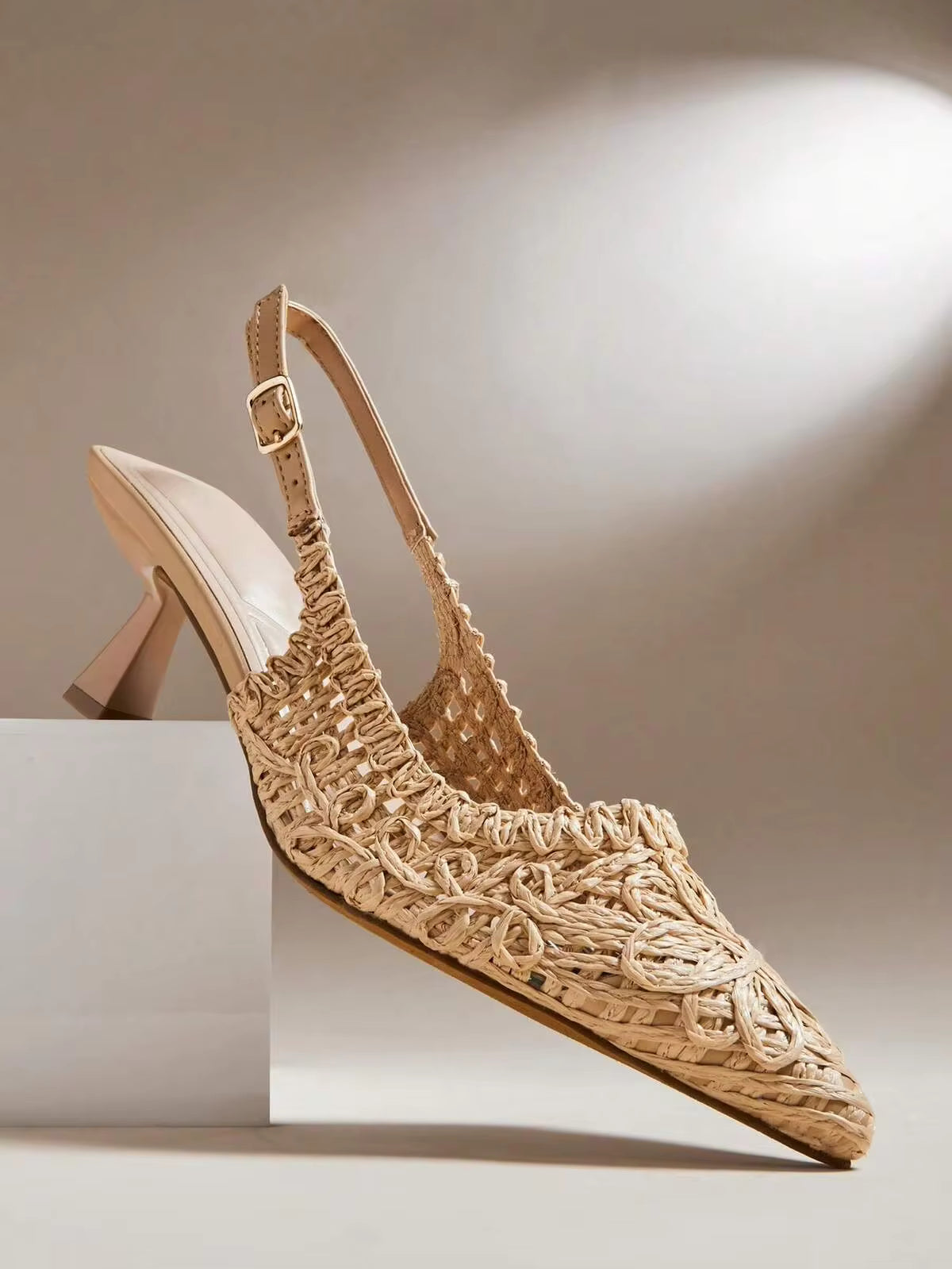 SHUZIA Women's Raffia Pointed Toe Slingback Heeled Pumps– Elegant, Handwoven & Vacation-Ready. Valentine's Day