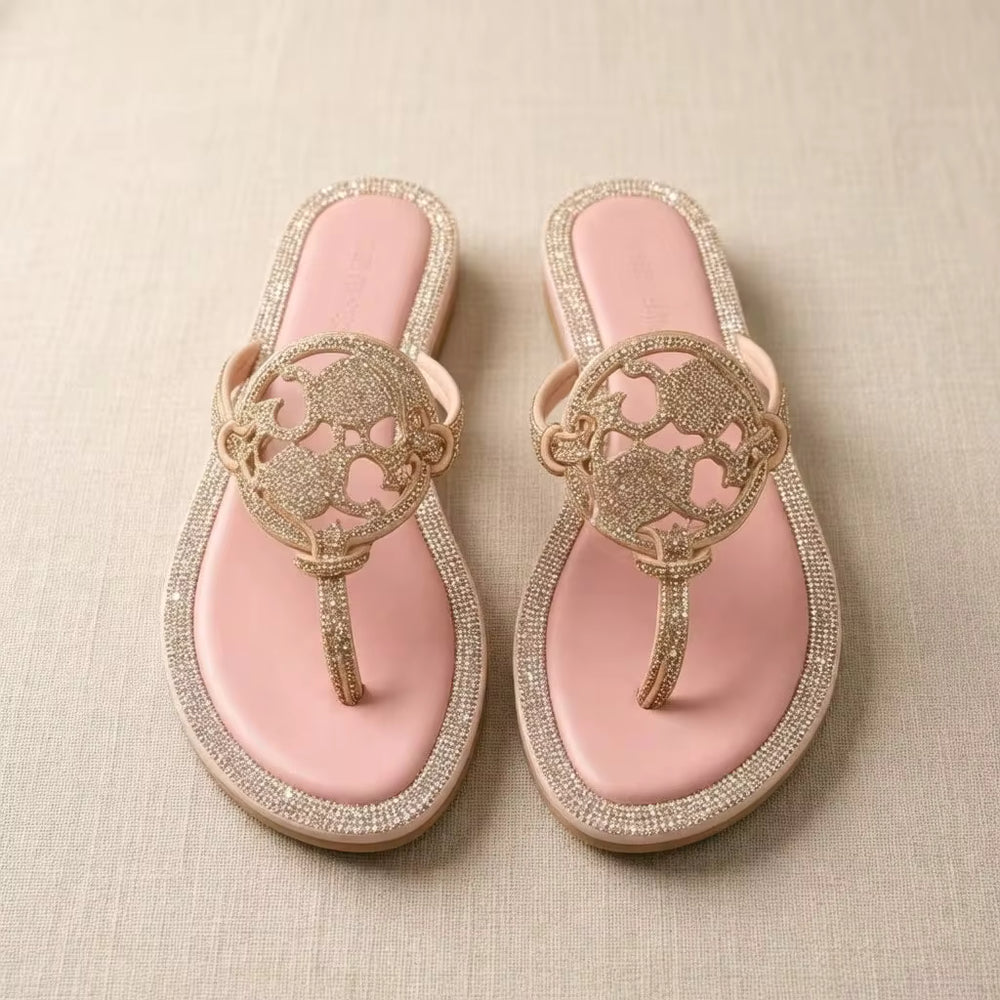 2026 New Adult Women Rhinestone Flip Flops,Candy Color Synthetic Leather Thong Slippers,Hollow Rivet Leather Splicing Daily Casual Beach Sandals SOIT