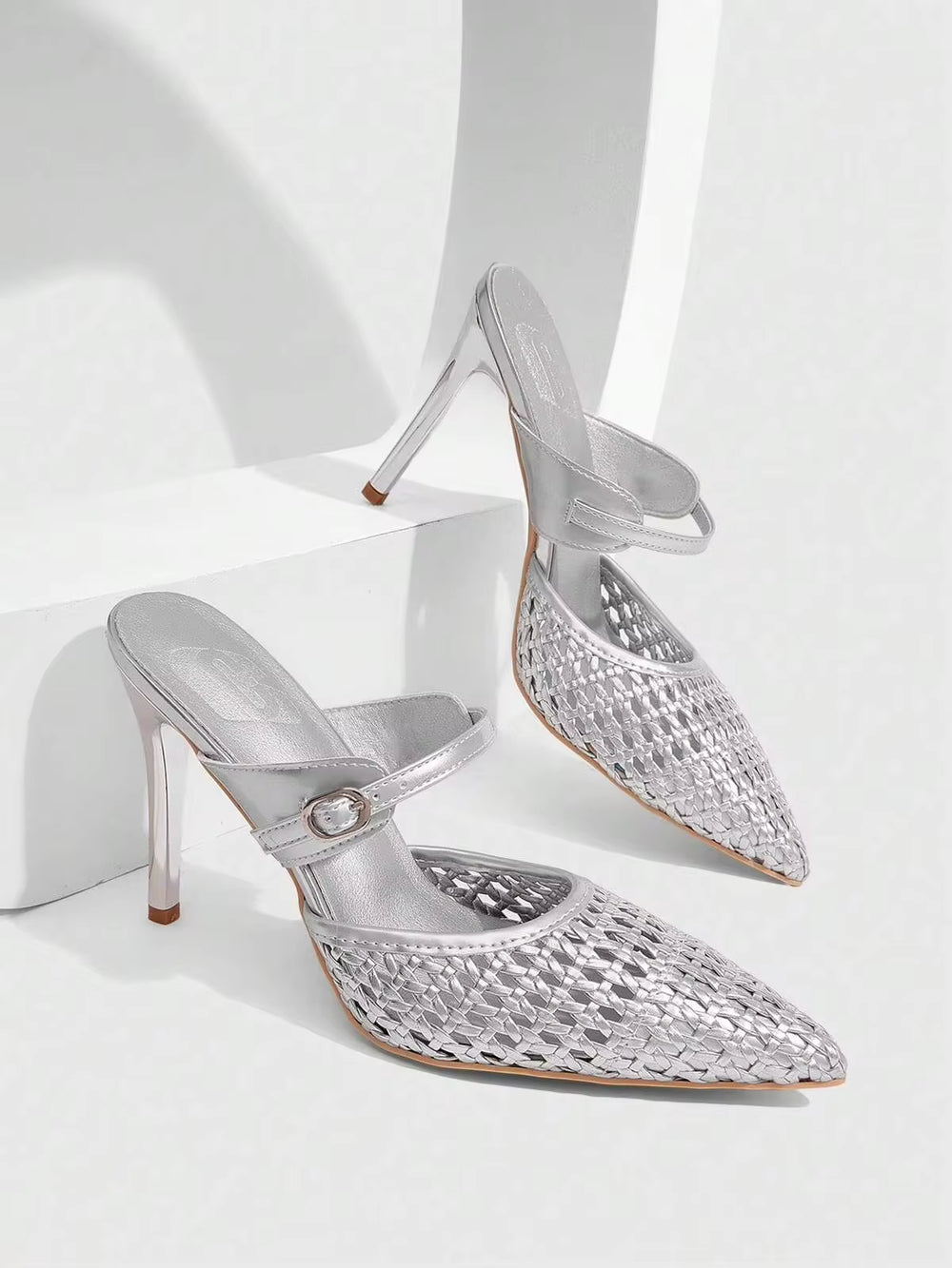 CUCCOO SZL Elegant Heelless Open-Toed High Heels With Pointed Toe And Stiletto In Women's Silver Weave, Suitable For Parties, Weddings And Night Out Occasions
