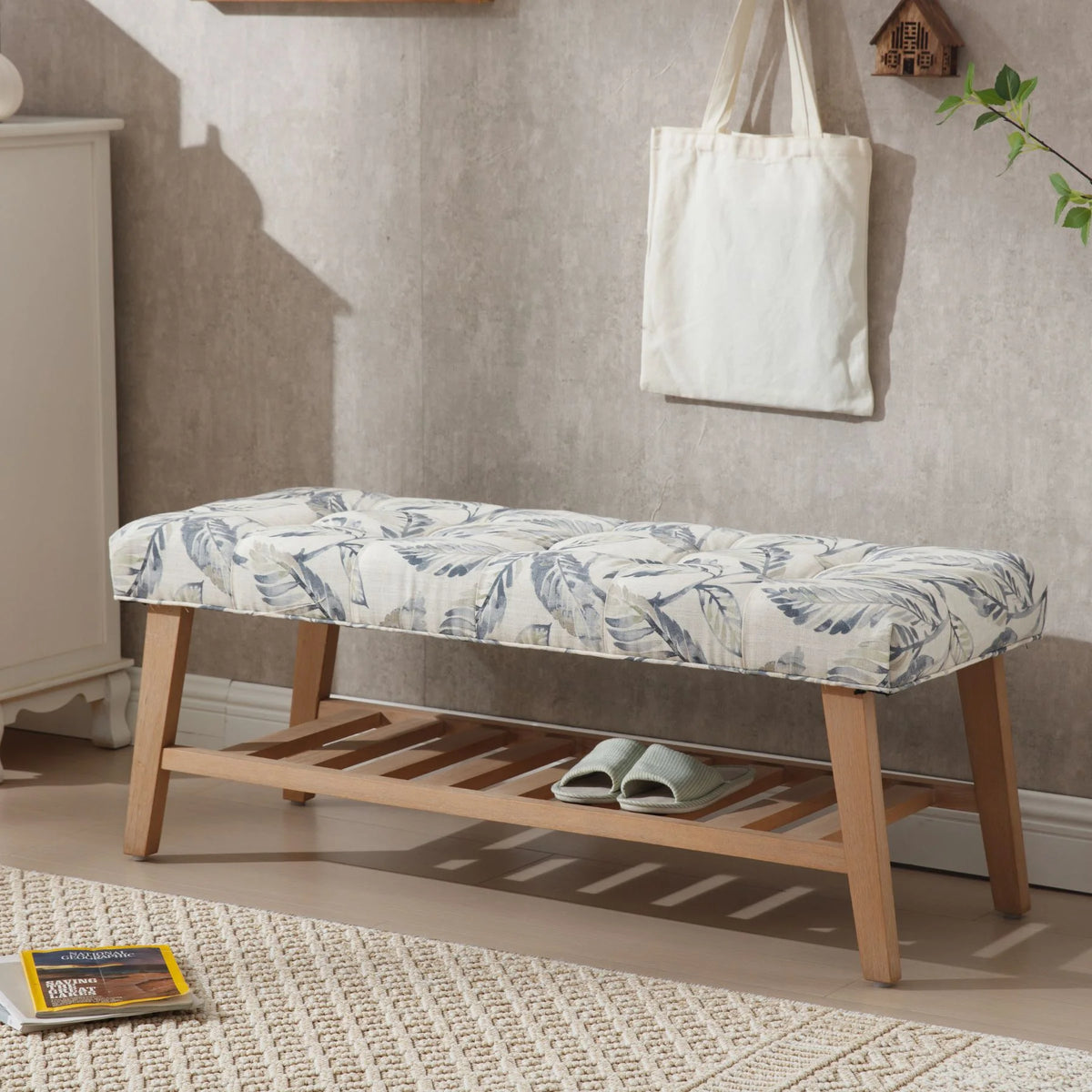 Dayalane Upholstered Storage Bench with Shoe Rack, Linen Fabric Entryway Bench for Living Room, Bedroom and Hallway, Multi Functional Ottoman with Solid Wood Shelf, Beige