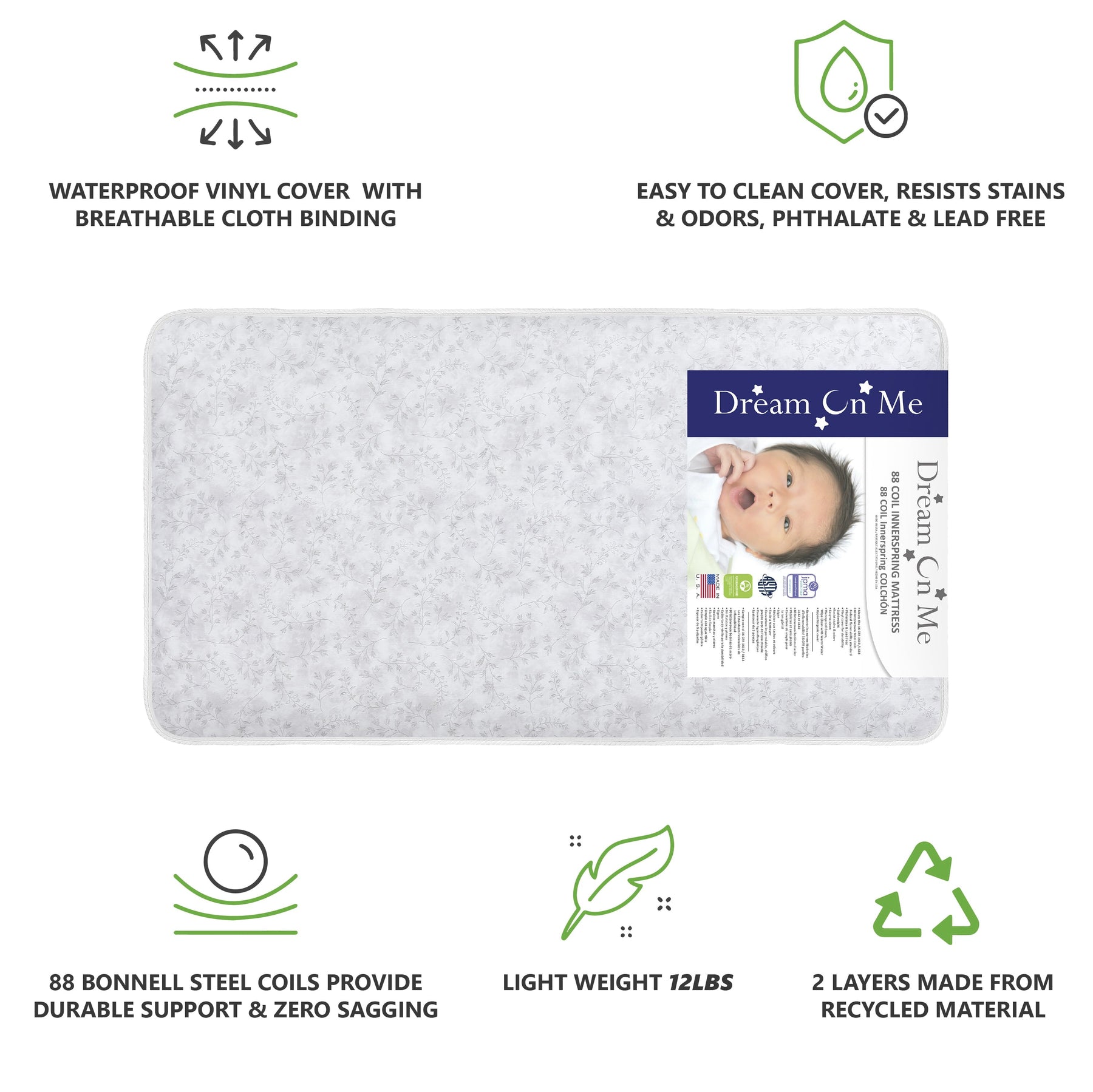 on Me Twinkle 5 88 Coil Crib and Toddler Mattress. Morning Mist Floral. Greenguard Gold Certified
