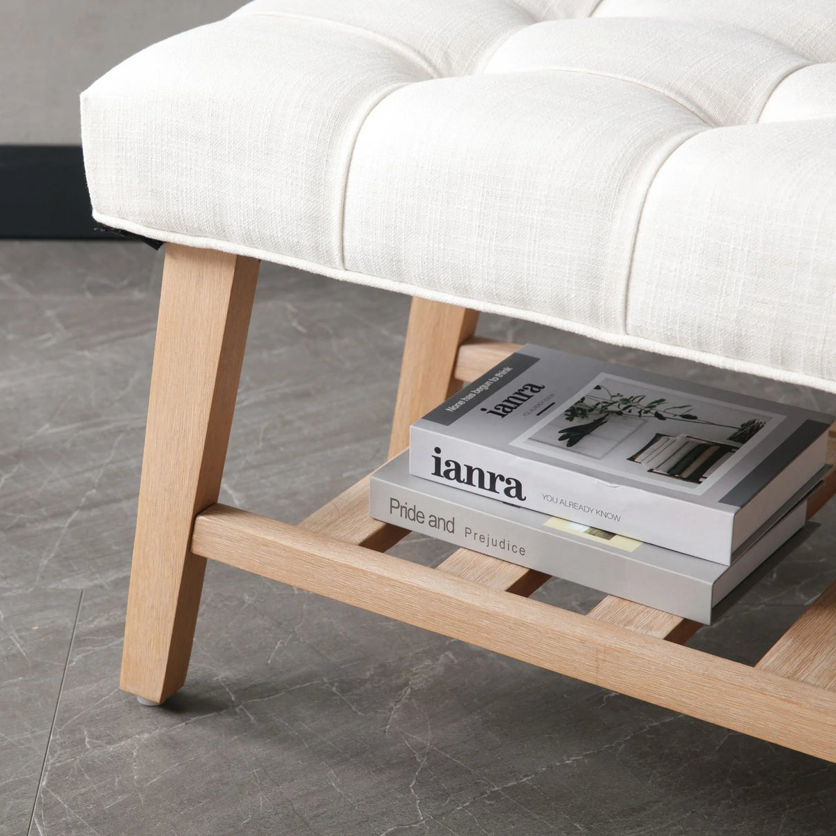 Dayalane Upholstered Storage Bench with Shoe Rack, Linen Fabric Entryway Bench for Living Room, Bedroom and Hallway, Multi Functional Ottoman with Solid Wood Shelf, Beige