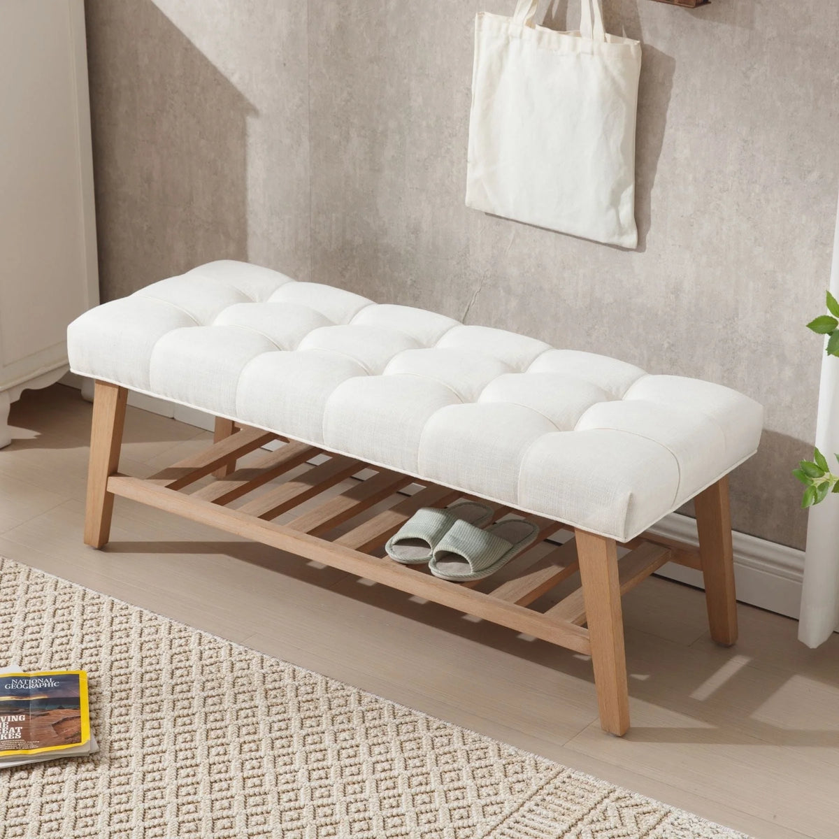 Dayalane Upholstered Storage Bench with Shoe Rack, Linen Fabric Entryway Bench for Living Room, Bedroom and Hallway, Multi Functional Ottoman with Solid Wood Shelf, Beige