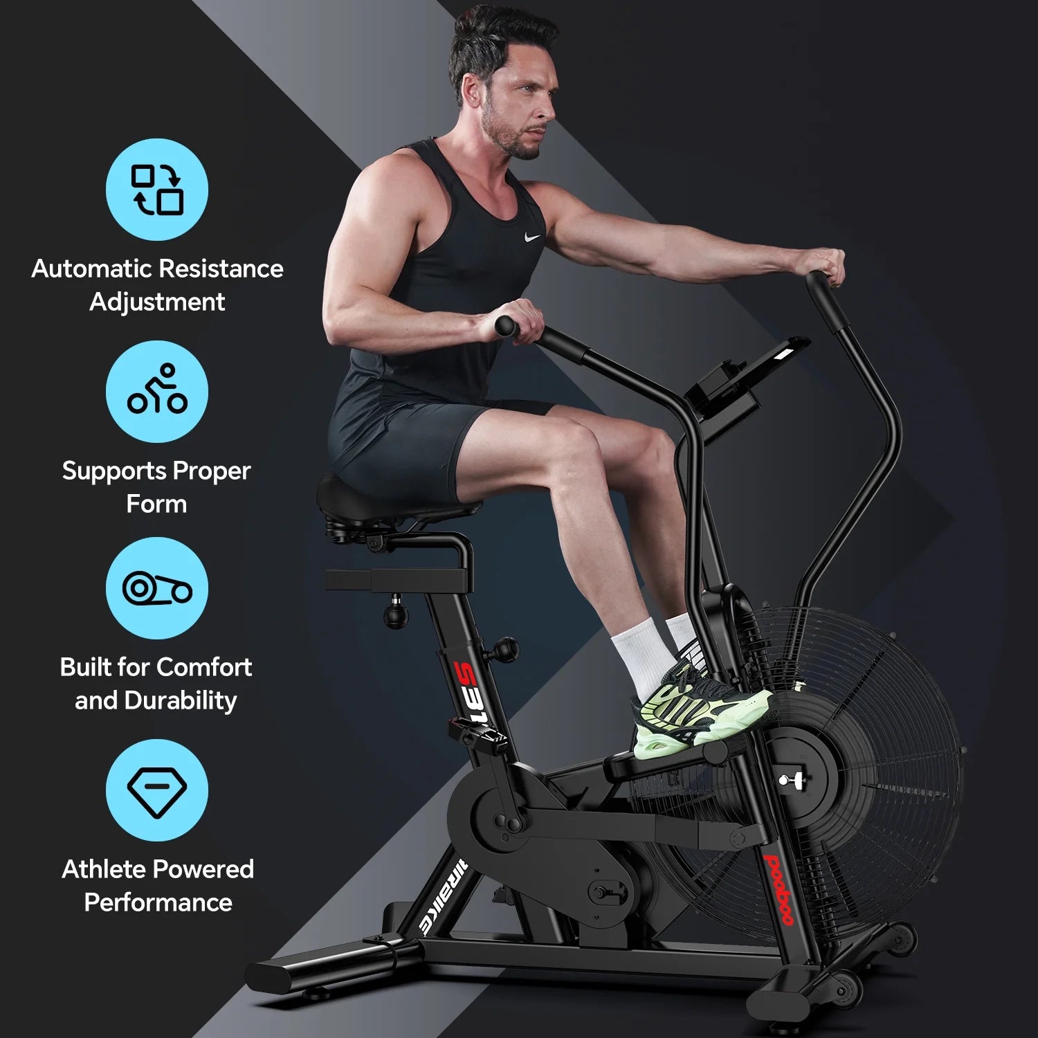 LNOW Commercial Built - in Bluetooth Fan Exercise Bike, Adjustable Air Resistance with Dual - Action Handlebars, Heavy Duty Indoor Cycling Bike for Home Gym Traininning, 350 lb Arm/Leg Cardio Workout